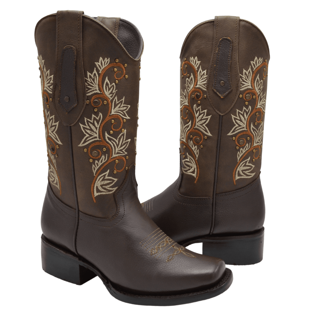 1506 Botas Rodeo para Mujer Cafe con Flores en Naranja y Tan