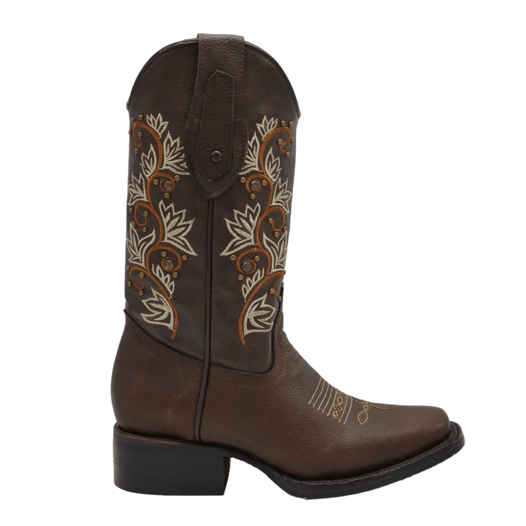 1506 Botas Rodeo para Mujer Cafe con Flores en Naranja y Tan