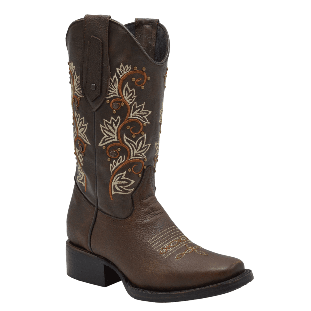 1506 Botas Rodeo para Mujer Cafe con Flores en Naranja y Tan