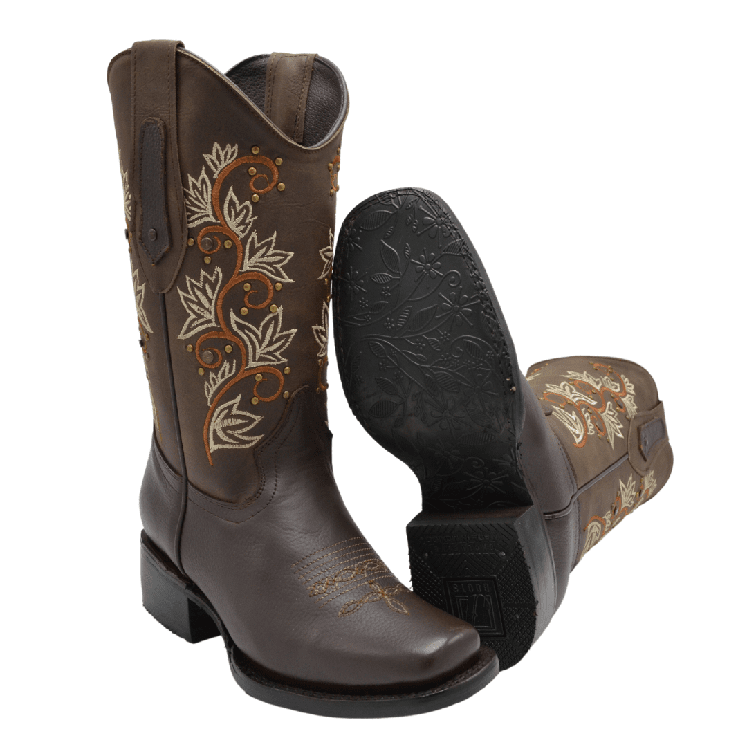 1506 Botas Rodeo para Mujer Cafe con Flores en Naranja y Tan