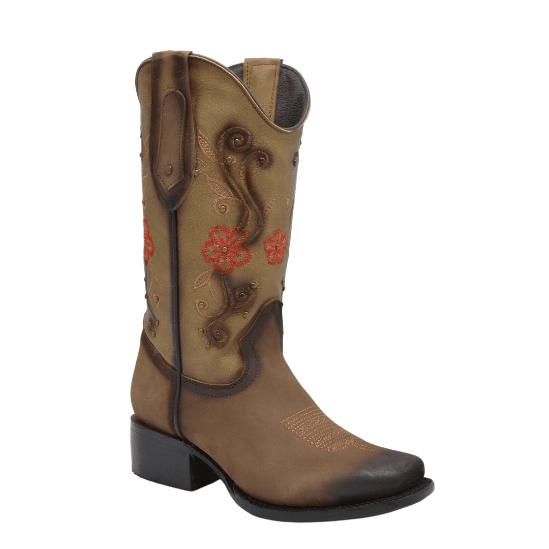 1507 Botas Rodeo para Mujer Café con Flores Rojas
