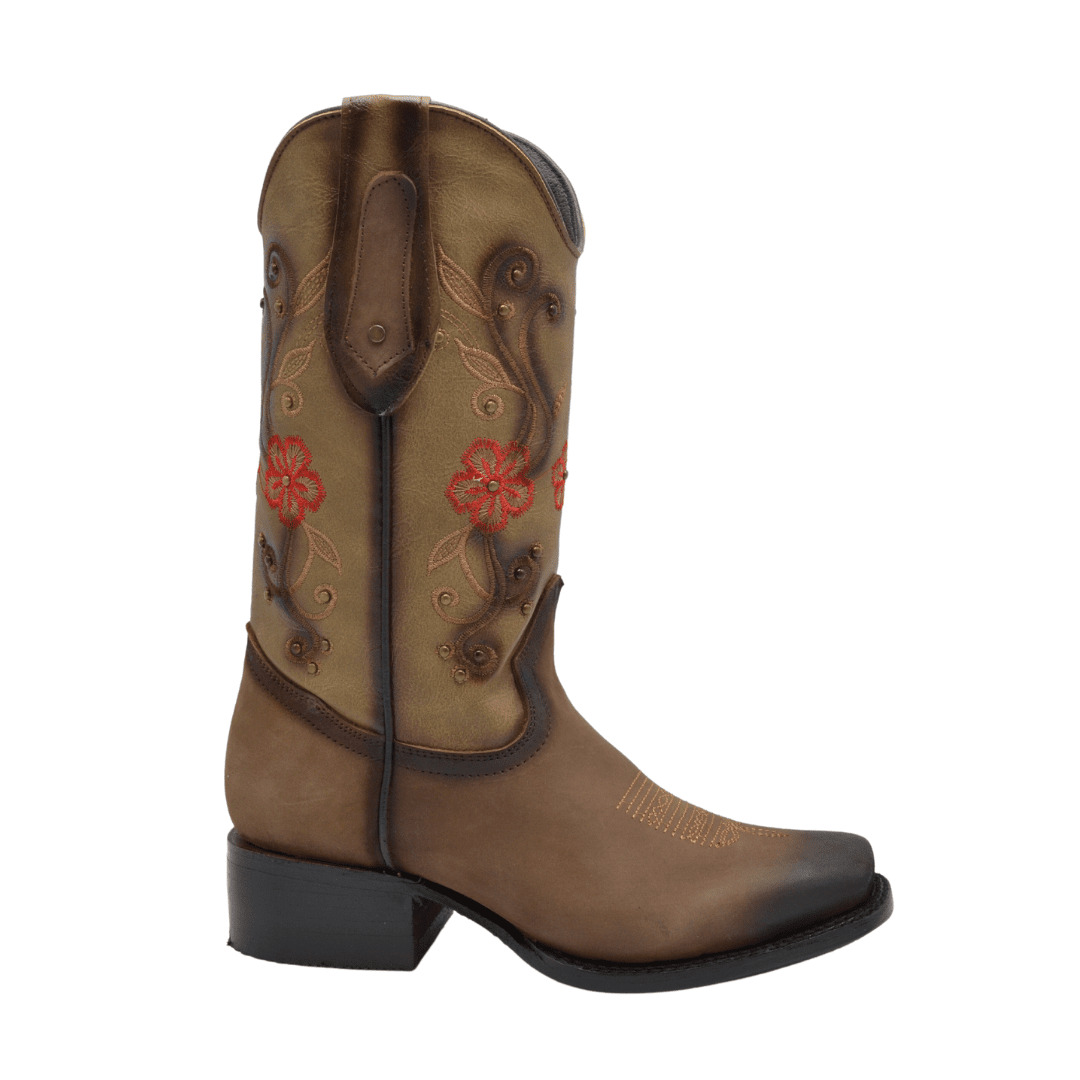 1507 Botas Rodeo para Mujer Café con Flores Rojas