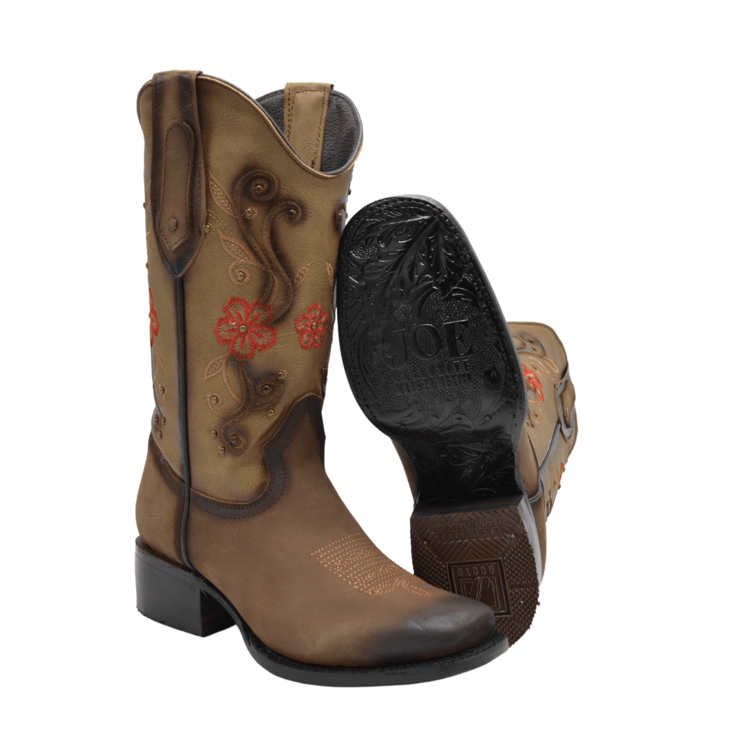 1507 Botas Rodeo para Mujer Café con Flores Rojas