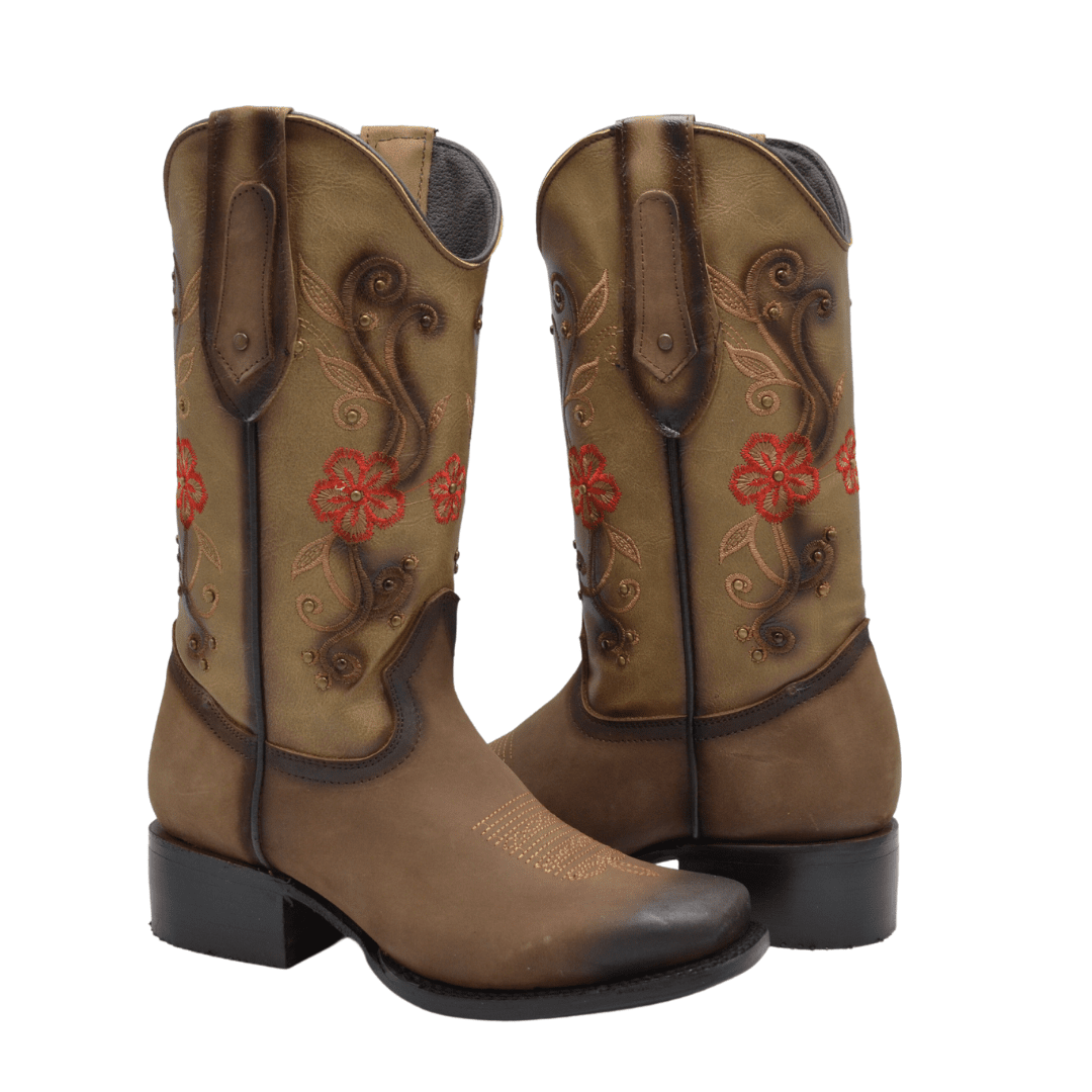 1507 Botas Rodeo para Mujer Café con Flores Rojas